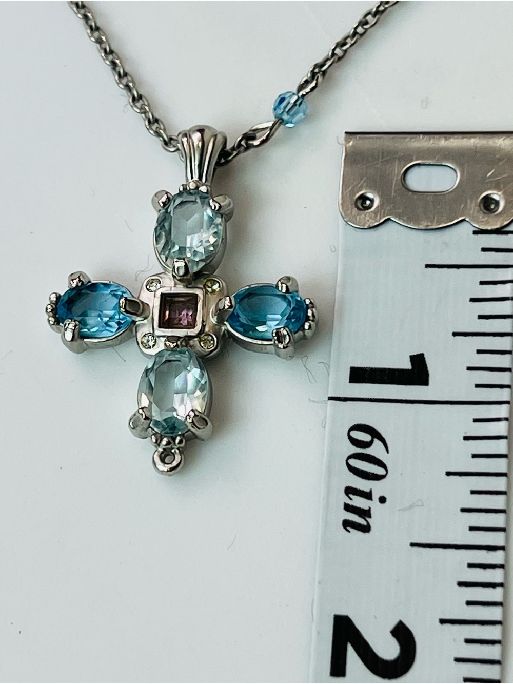 Swarovski Crystal Cross Necklace Sterling Silver Blue Crystal & Pink Accent Swan - Picture 4 of 8